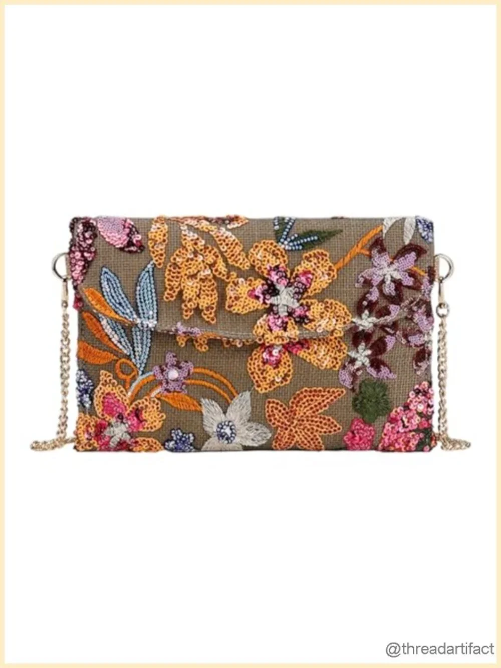 Floral Embroidery Sequin Beaded Clutch Evening Party Purse Chain Strap